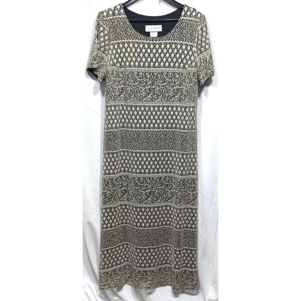 Jessica Howard Maxi Shift Dress 18 Blk Metallic Lace Crochet Short Sleeve Glam